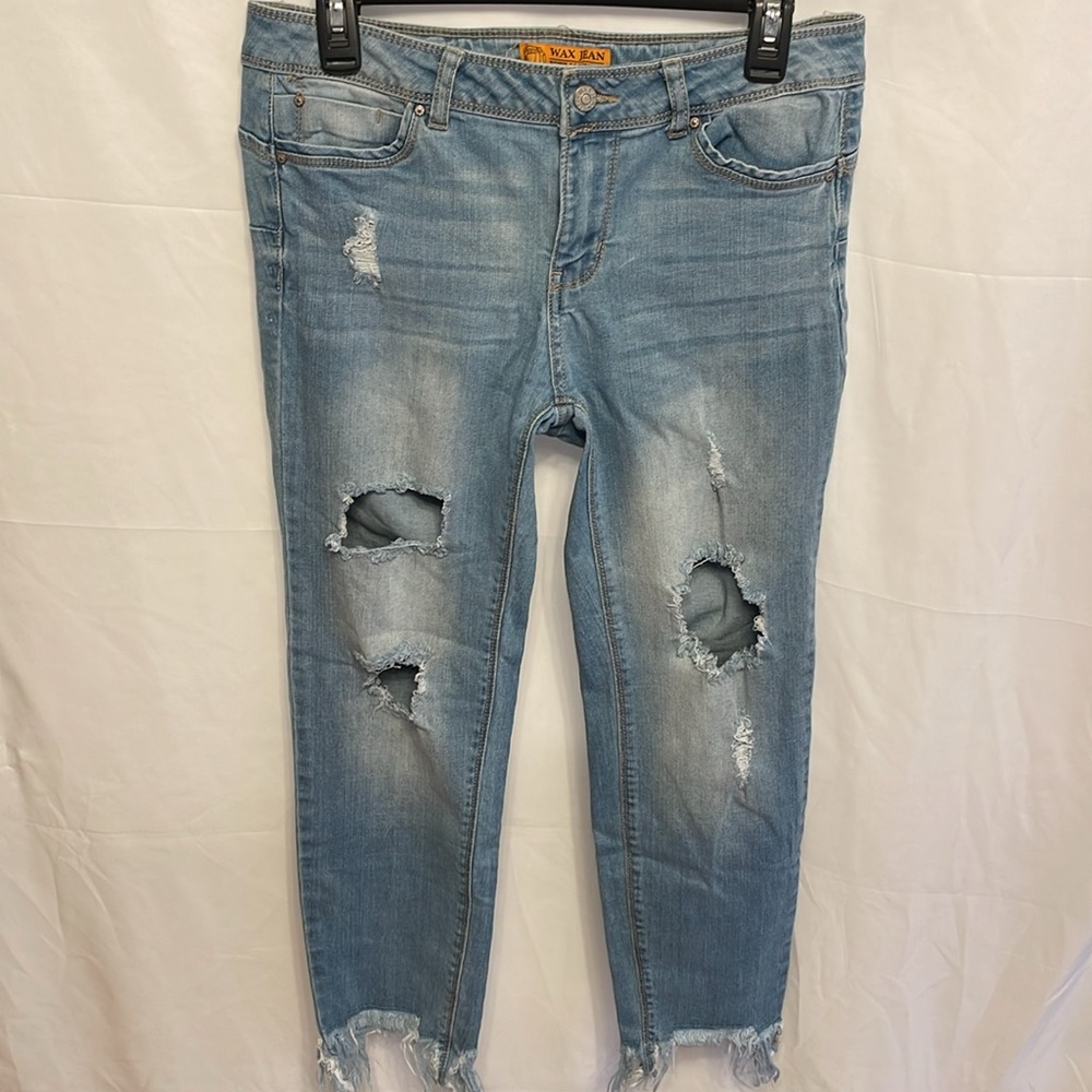Wax Jeans Ankle Fringe Teens Size 13 Distressed Skinny Cropped Light Wash Holes‎